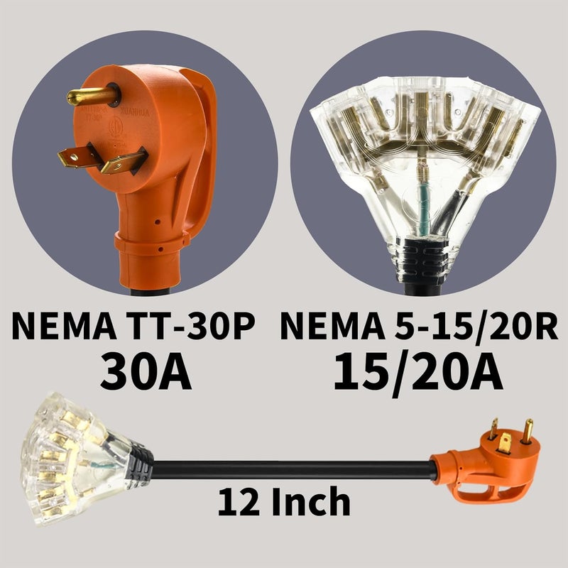 NVKABVY 30 Amp to 110 Adapter RV Cord, 30 Amp to 20 Amp Adapter, NEMA TT-30P Male to 3X 5-15R/5-20R T-Blade Household Outlet Female with Lighted Power Indicator UL Listed (TT-30P to 3X5-15R/5-20R) - Image 2